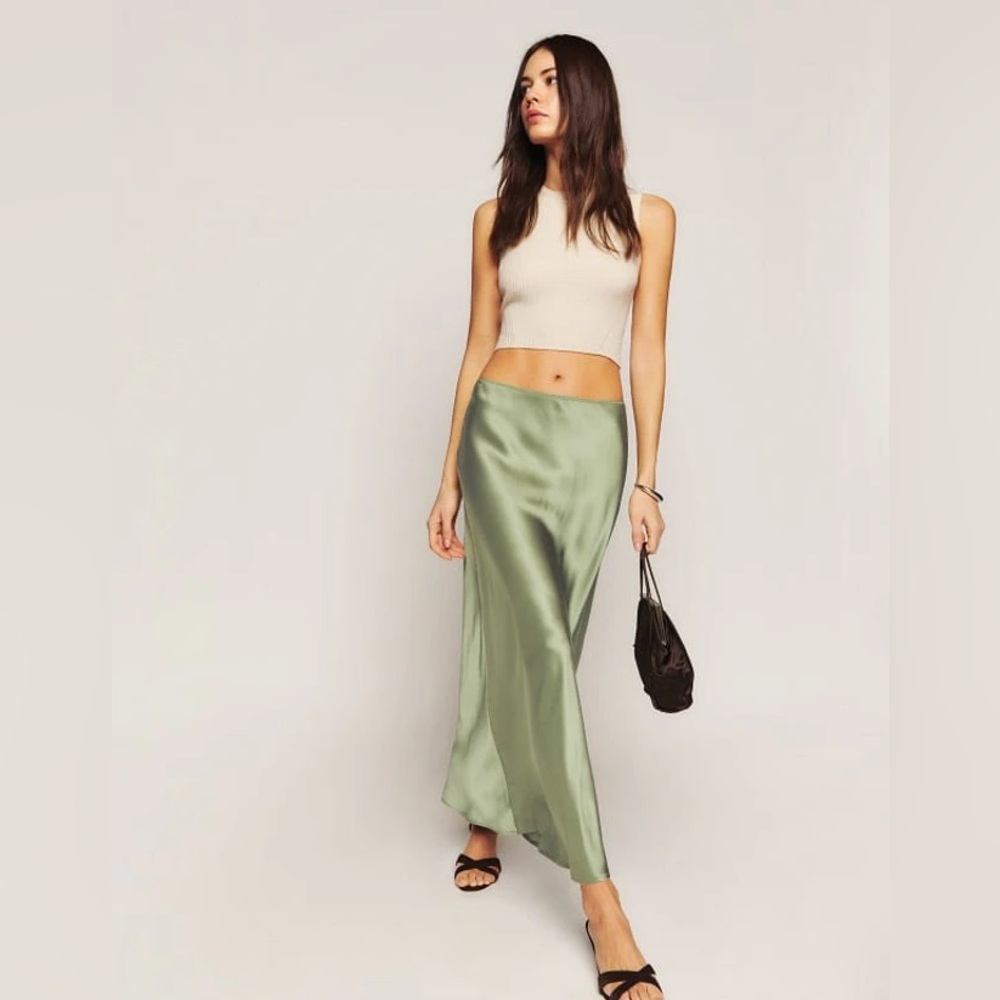 Reformation silk Layla skirt in artichoke - size 4